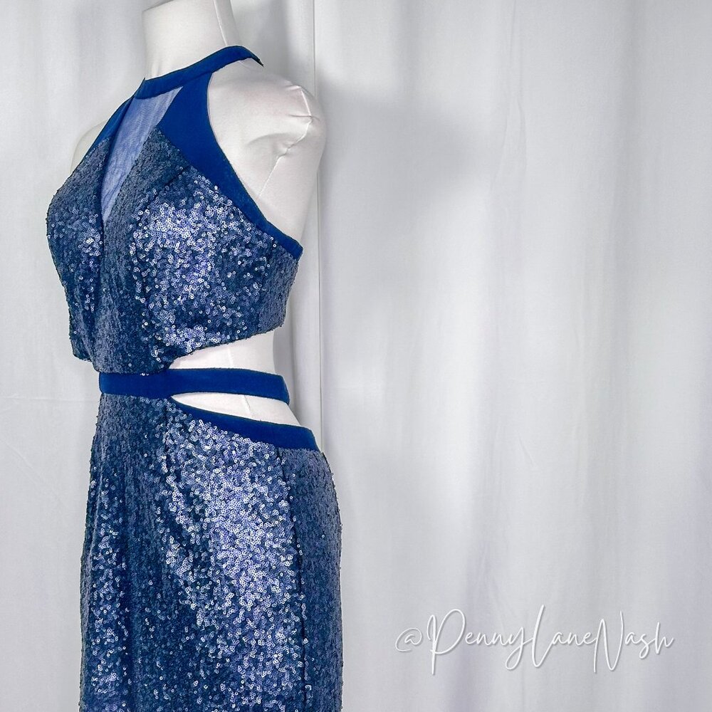 Alyce Paris Sequin Halter V Neck Cutout Fitted Cocktail Dress Navy - Picture 7 of 13